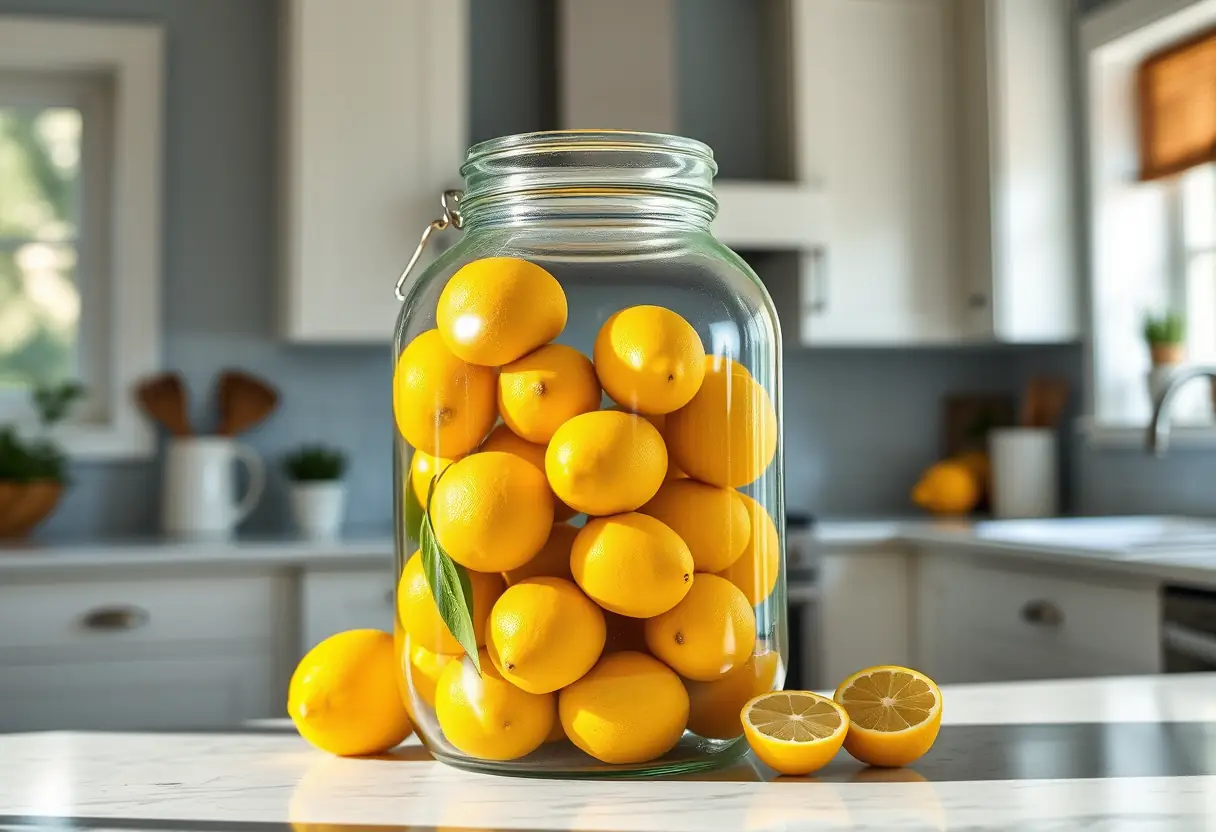 Jarre en verre contenant des citrons frais sur un comptoir de cuisine bien éclairé, lumière naturelle.