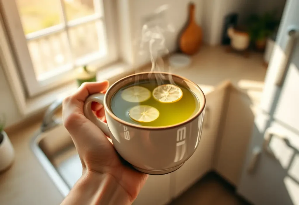 Une main tenant une tasse en céramique pleine de thé vert avec des tranches de gingembre flottant dessus, dans une cuisine accueillante et baignée de lumière naturelle