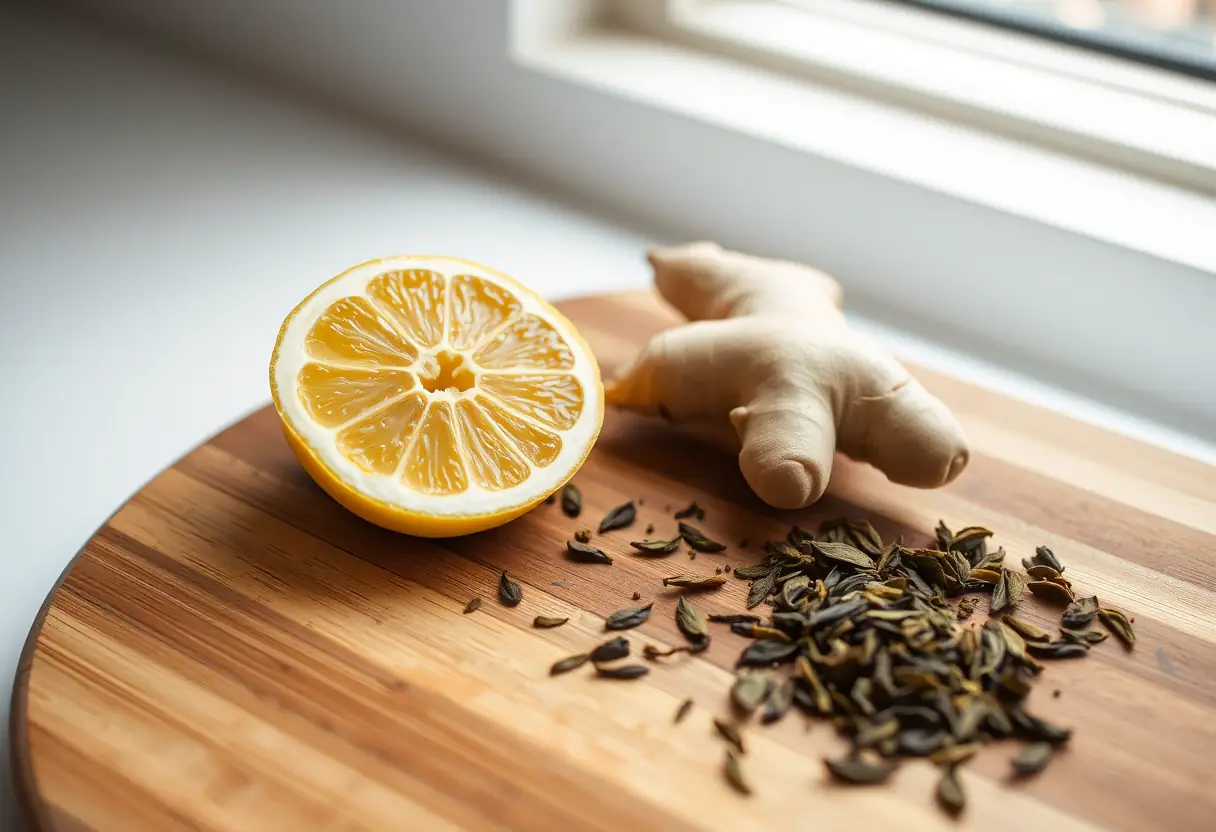 Un plan rapproché d'un plan de travail en bois avec la moitié d'un citron, une tranche de gingembre et des feuilles de thé sauvage dispersées, éclairé par la lumière du jour qui entre par une verrière