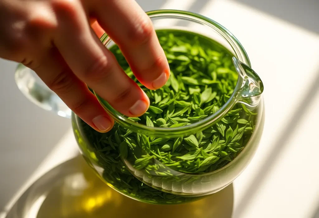Une main remue délicatement une bouilloire en verre remplie de feuilles de thé vert jasmin, la lumière passe à travers le verre