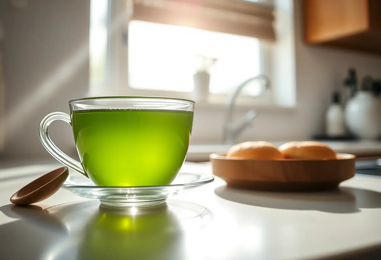 Une cuillère en bois repose près d'une tasse en céramique pleine de thé vert jasmin sur un plan de travail de cuisine, lumière chaude filtrant par une fenêtre