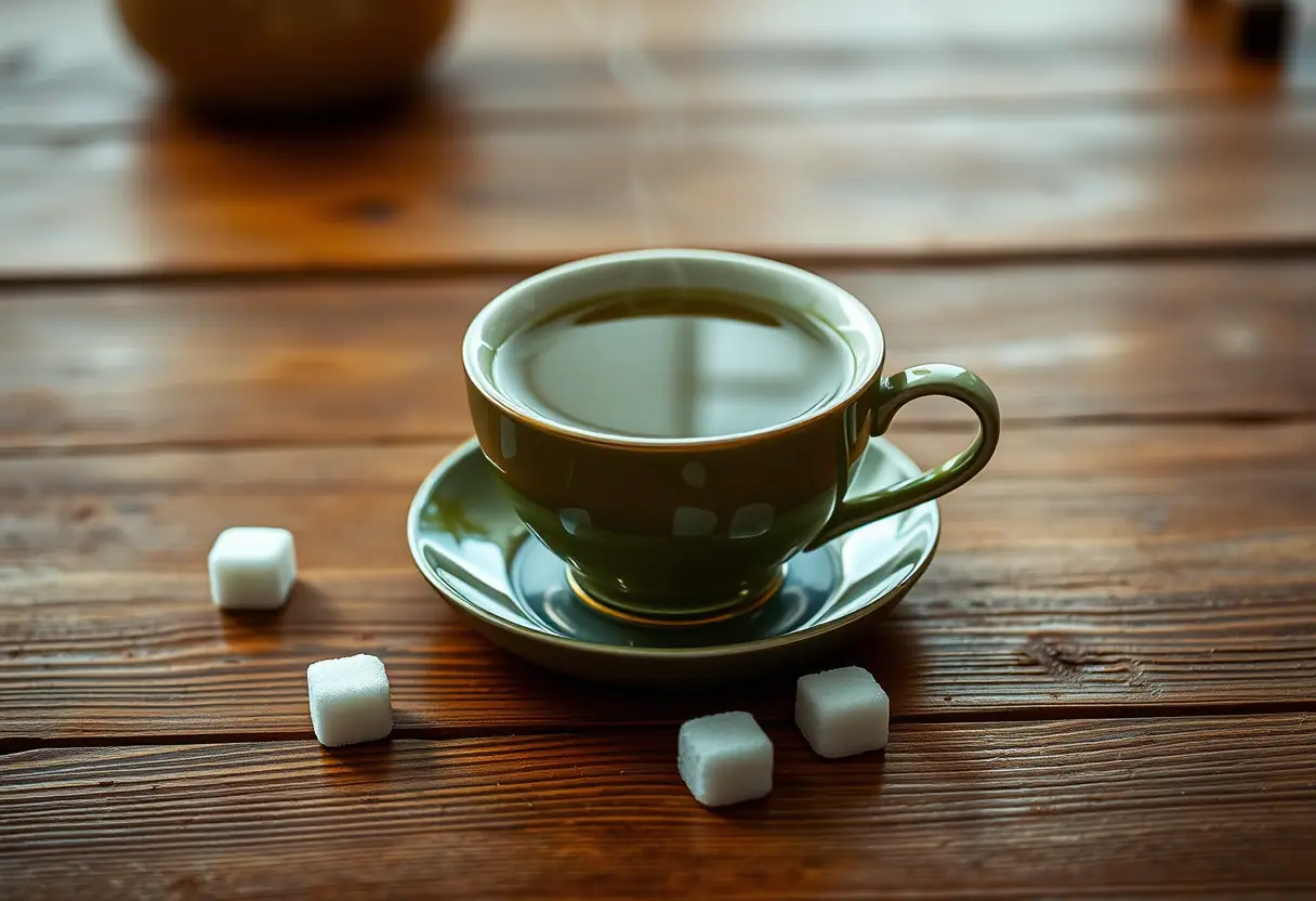 Un plan rapproché d'une table en bois avec une tasse fumante de thé vert entourée de quelques cubes de sucre