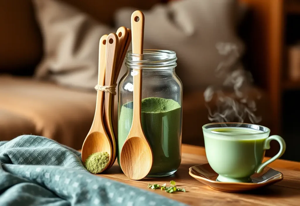 Dans un salon accueillant, une pile de cuillères en bois adossée à un pot de matcha près d’une tasse fumante, éclairée par la lumière tamisée