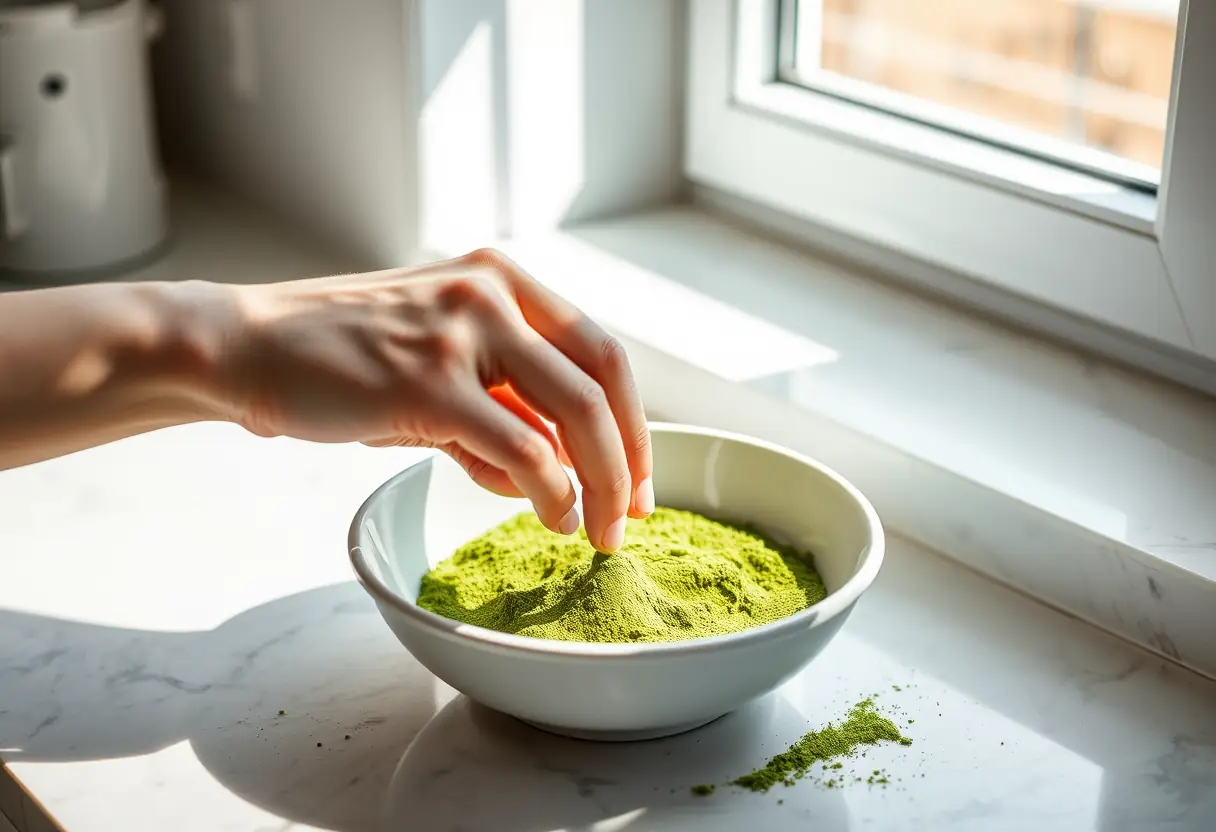 Main de femme mélangeant du matcha dans un bol blanc
