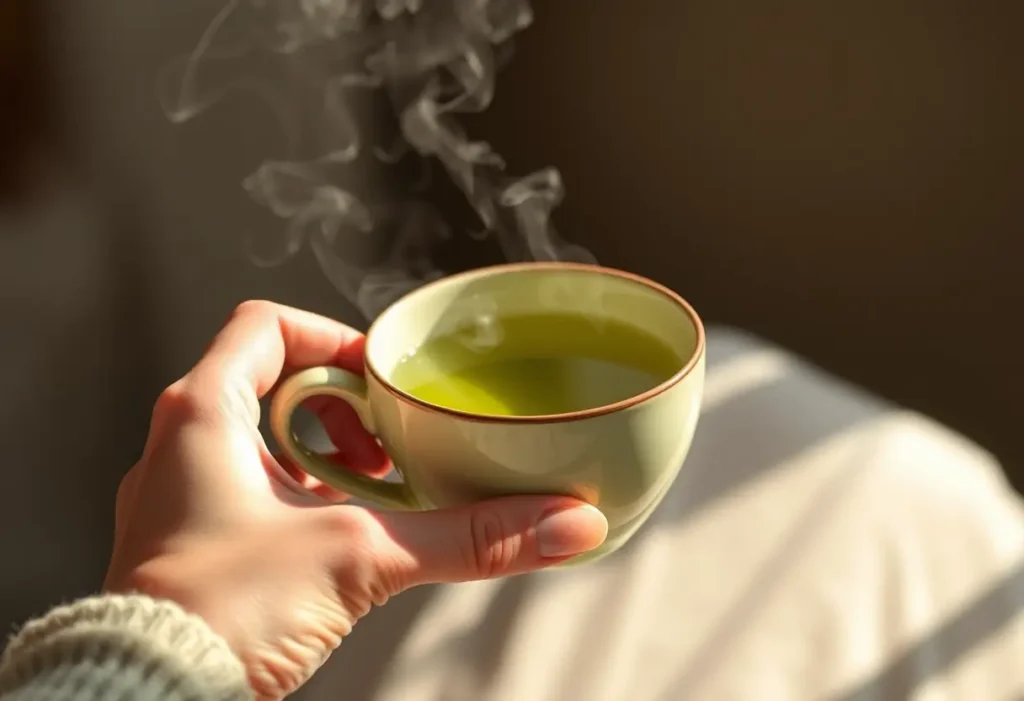Une main tenant une tasse de thé vert, avec de légères volutes de vapeur, pour un moment de sérénité et de bien-être.