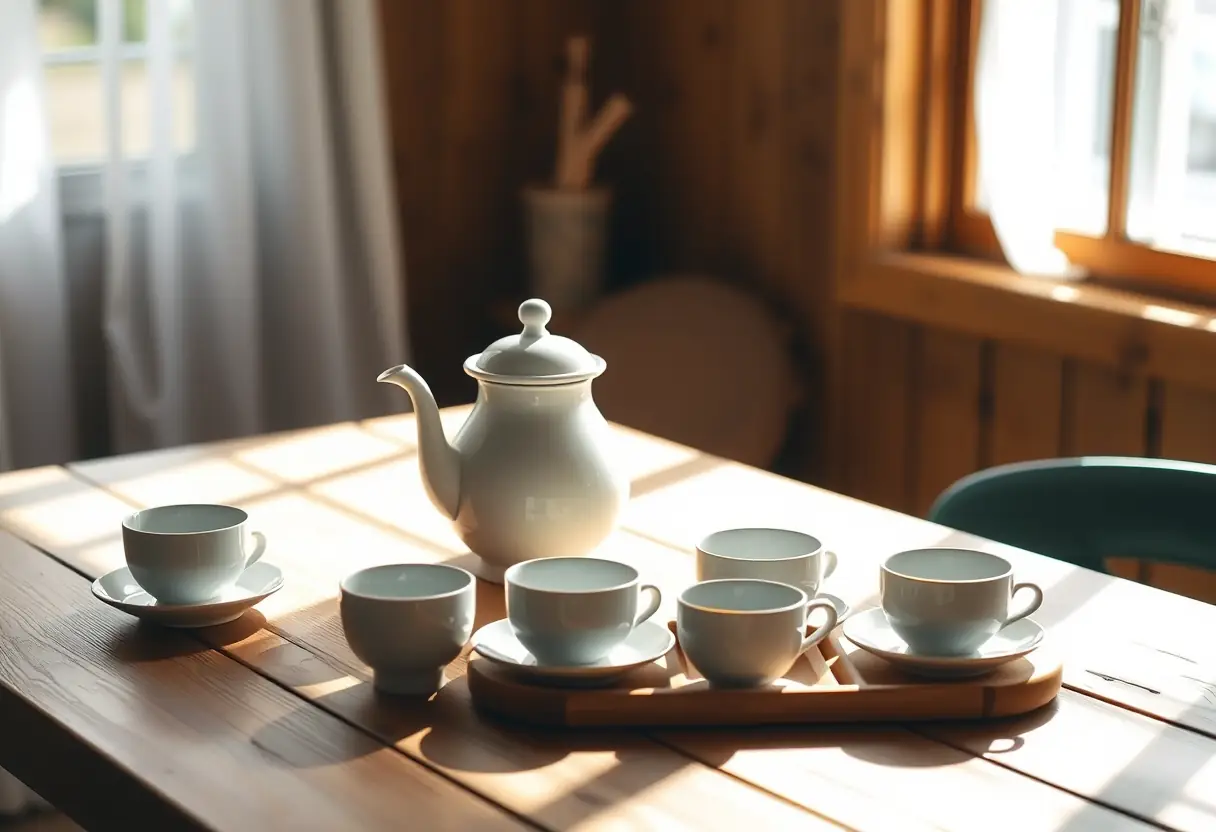 Une table avec une théière et des tasses de thé vert bien alignées, éclairées par la lumière douce d’une fenêtre, symbolisant le soin personnel et le bien-être.
