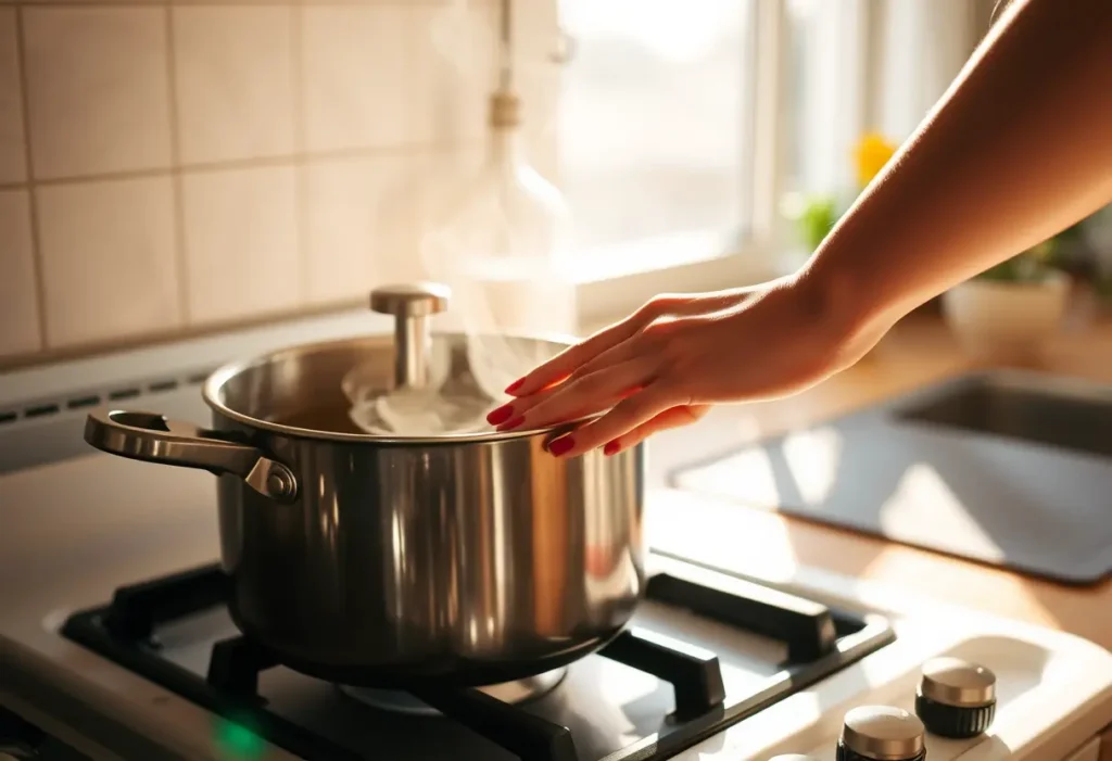 Main: une main féminine remue délicatement une infusion d'herbes dans une casserole, éclairée par la lumière du jour qui entre par la fenêtre.