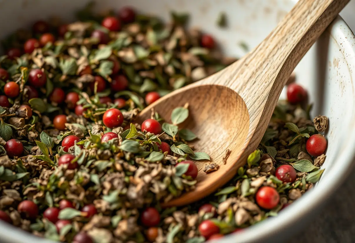 Main: un mélangeur en bois mélange des herbes sèches dans un bol, comprenant des feuilles vertes et des baies rouges, éclairées par une lumière tamisée.