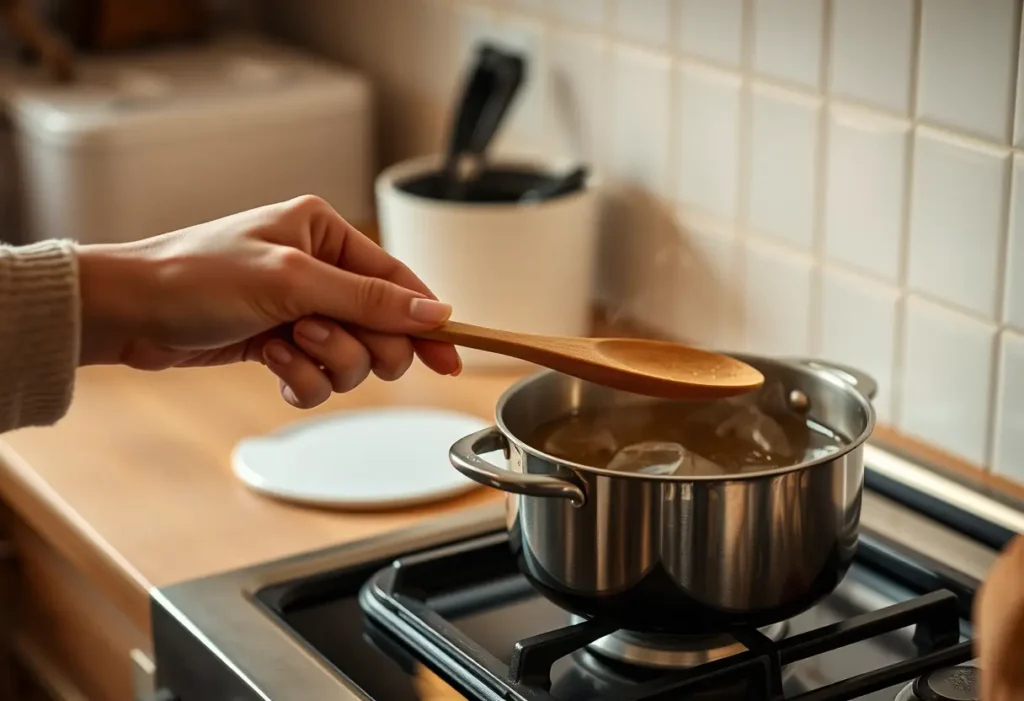 Main dans une cuisine où l'on prépare du thé aux herbes