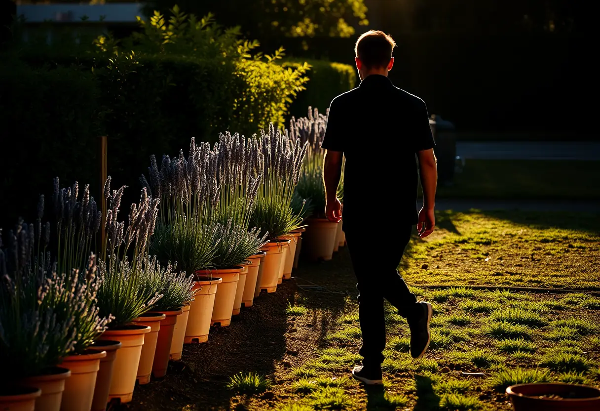 Silhouette d'une personne marchant près de lavande en pot dans un jardin au petit matin