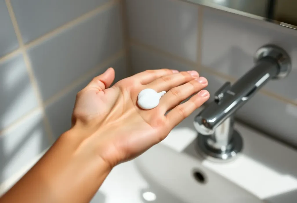 Une main applique délicatement une crème hydratante sur une peau sèche dans une salle de bain
