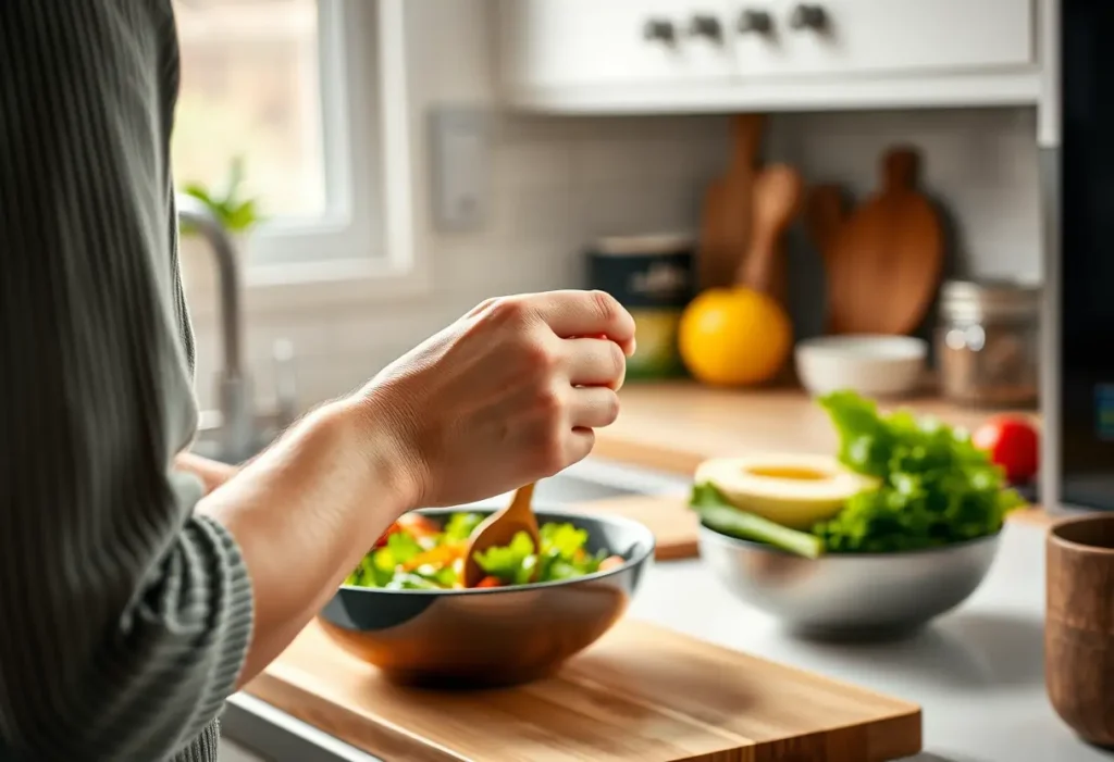 Une main féminine tient une cuillère en bois pendant la préparation d'un repas équilibré.