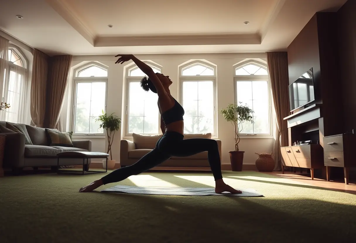 Un profil féminin étire son corps sur un tapis vert dans un grand salon, représentant souplesse et force.