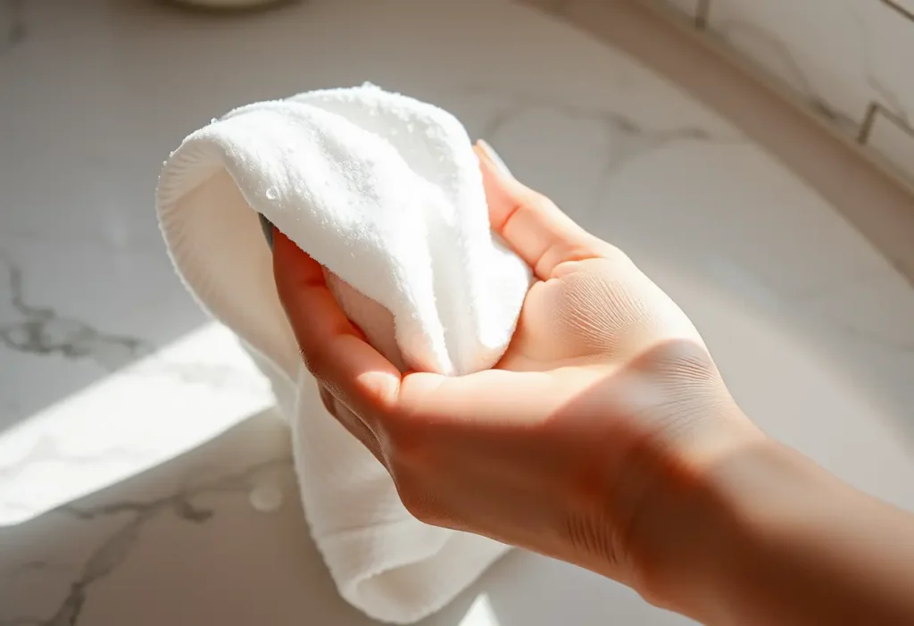 Une main féminine tenant un gant de toilette en coton mouillé, reflétant la lumière naturelle sur un meuble en marbre, dans le contexte de l'acceptation de soi