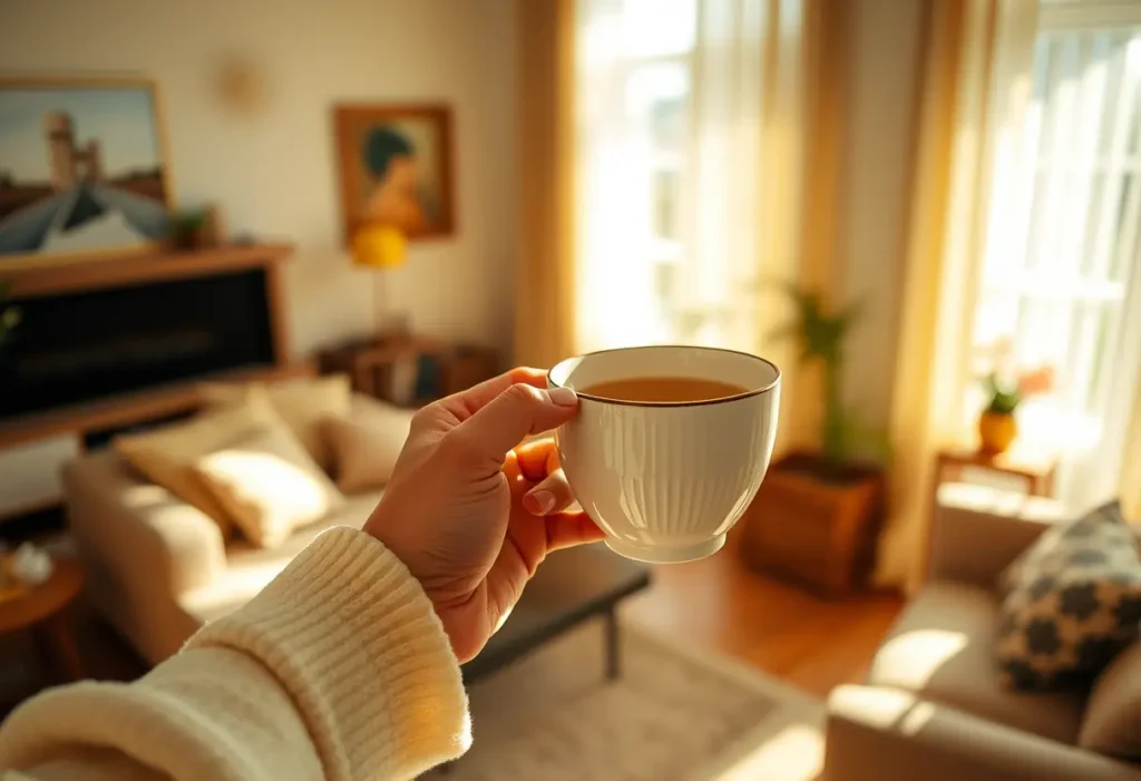Une main tenant une tasse de thé de camomille dans un salon accueillant