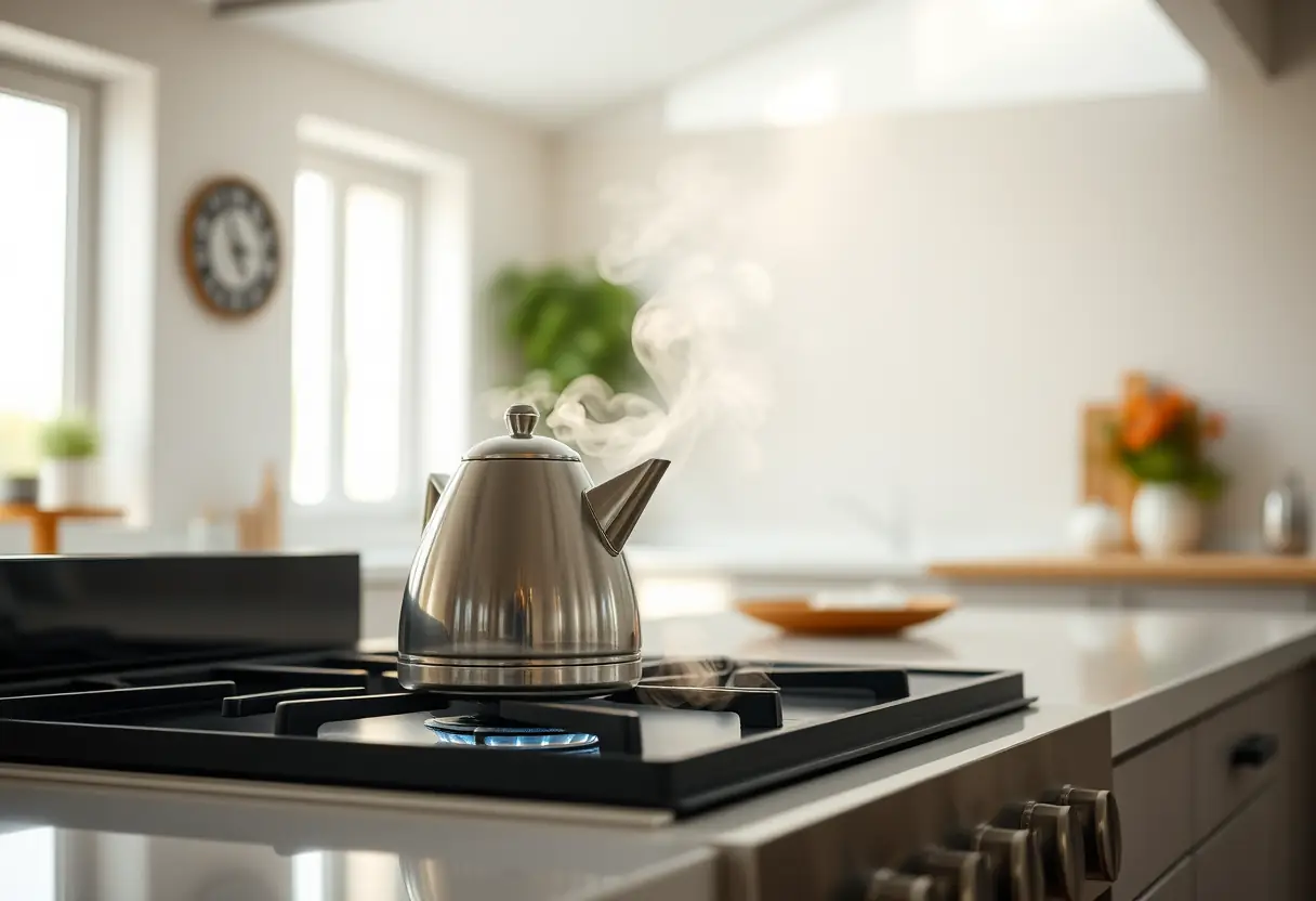 Un samovar qui siffle sur une plaque de cuisson à gaz dans une cuisine moderne