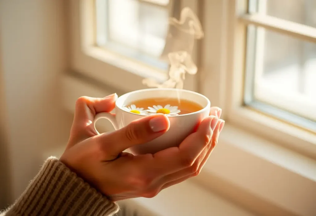 Une main féminine tenant une tasse de thé chaud, symbole de bien-être et de sérénité.