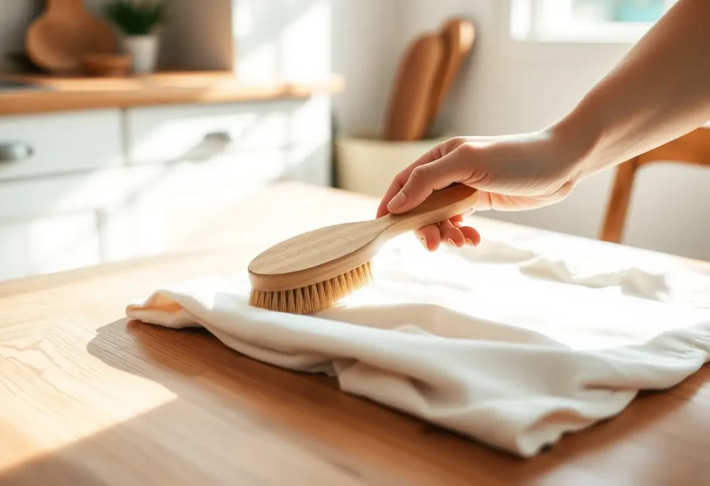 Main: Une main féminine tient délicatement un pinceau dans une cuisine baignée de lumière.