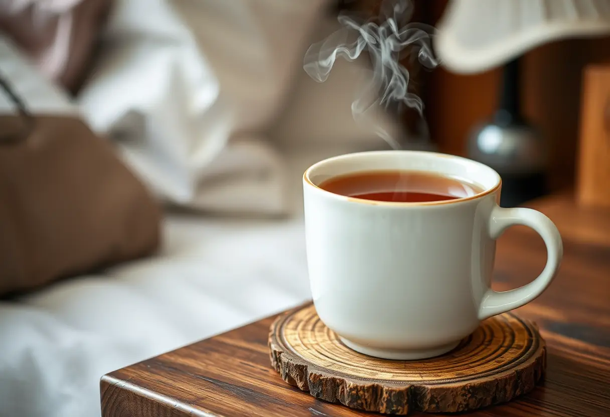 Alt Text: Une tasse de thé chaud posée sur une table de nuit, représentant les solutions apaisantes pour le vaginisme.