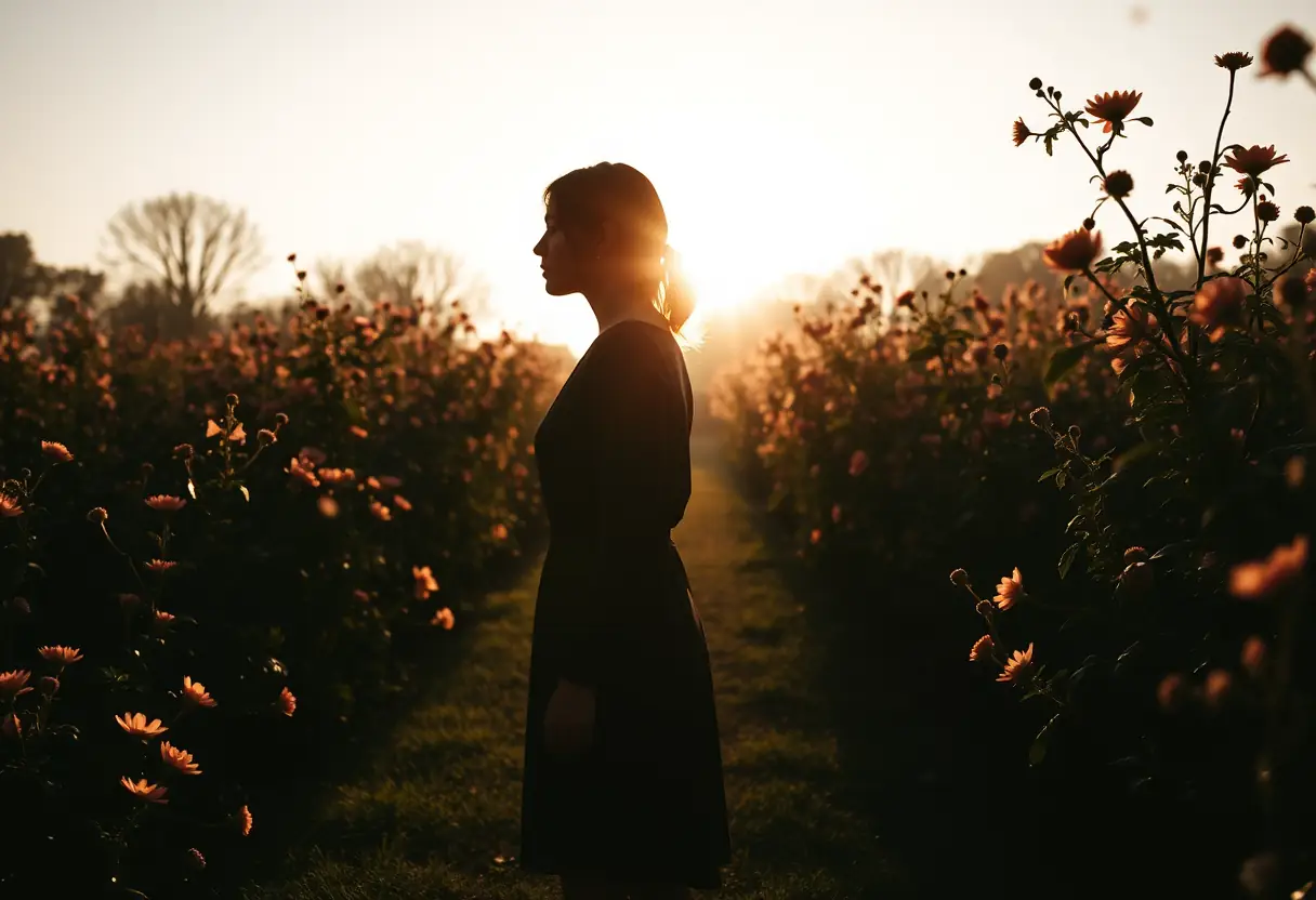 Main: Silhouette d'une femme dans un jardin fleuri, lumière du matin.