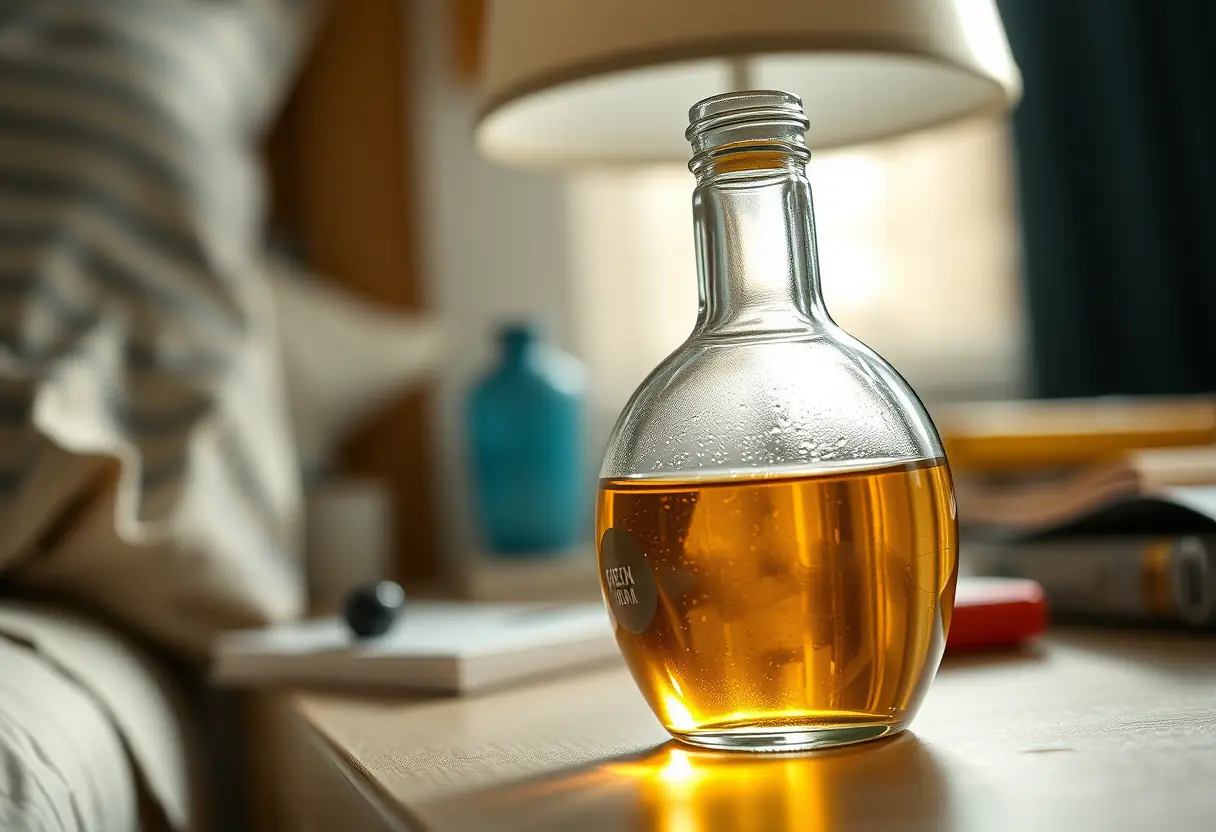 Une petite bouteille en verre contenant un liquide clair sur une table de nuit dans une chambre.