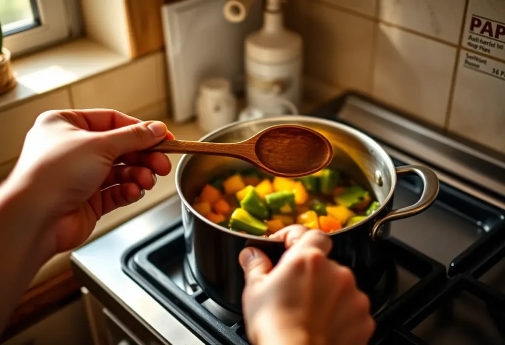 Main: Une main tient une cuillère en bois dans la cuisine.