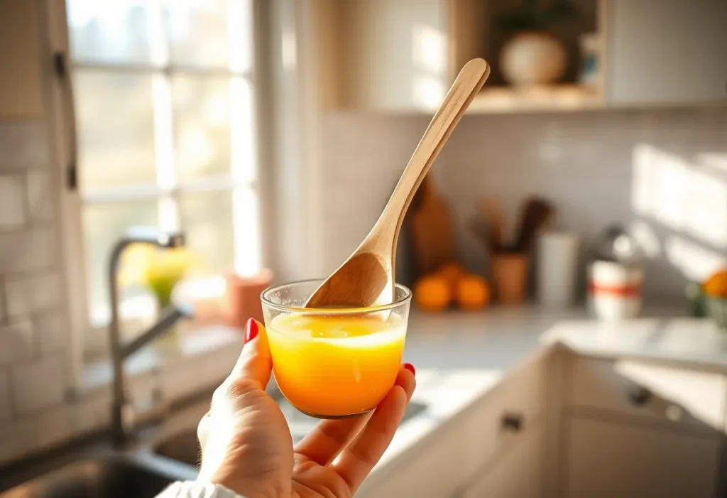 Une main féminine tient une cuiller en bois pleine de jus d'orange frais, rappelant l'importance de la vitamine C