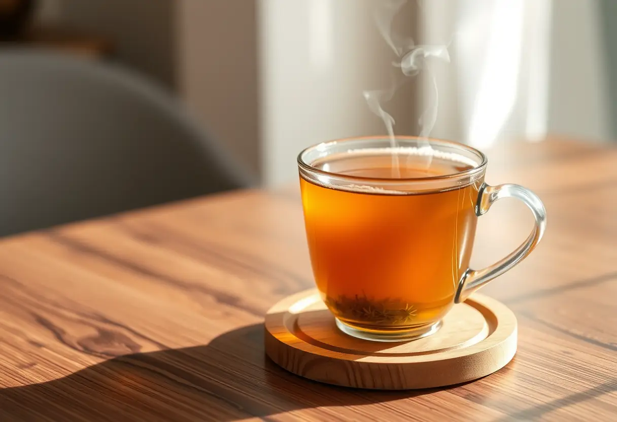 Un mug de thé herboriste évoquant le réconfort et la prise en charge de soi