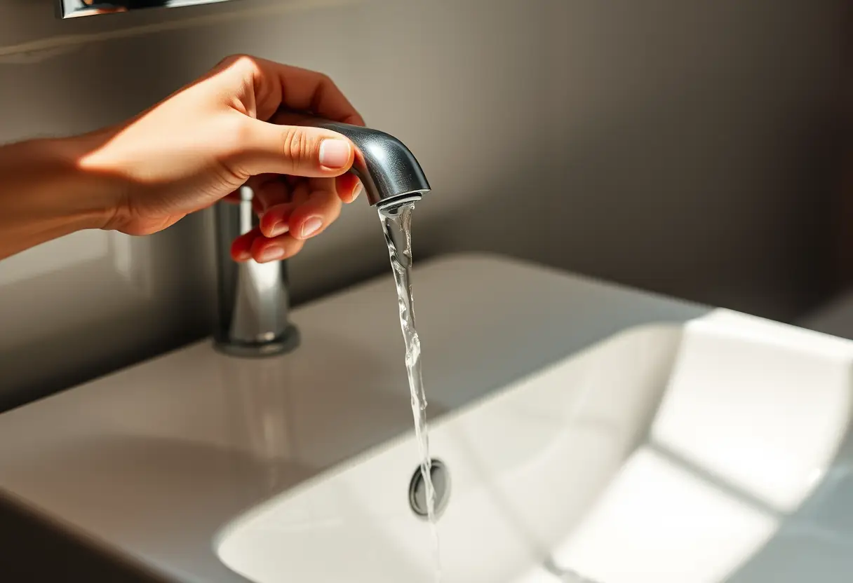 Une main ouvre le robinet, l'eau chaude coule dans un lavabo blanc
