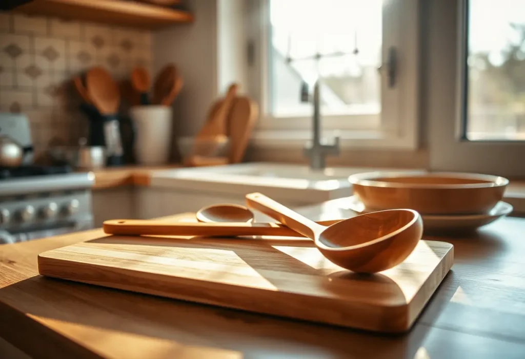Cuillères en bois posées sur un plan de travail, lumière douce, cuisine chaleureuse