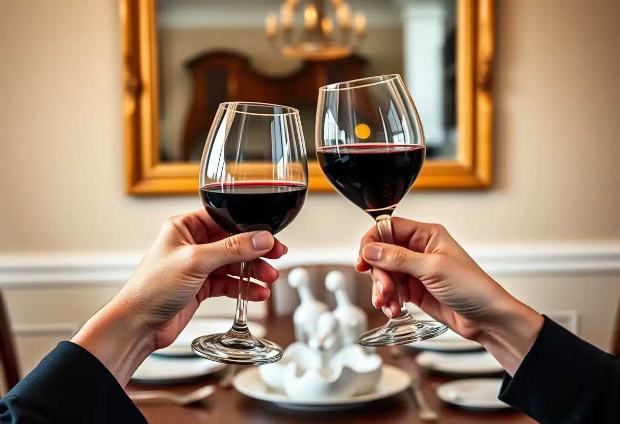 Mains tenant un verre de vin rouge, reflet dans un miroir, célébration de réussites partagées