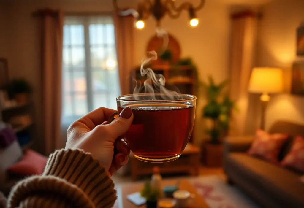 Une main féminine tenant une tasse de thé herbagé dans une pièce accueillante, éclairée par une lumière chaude, en lien avec la pré-ménopause.