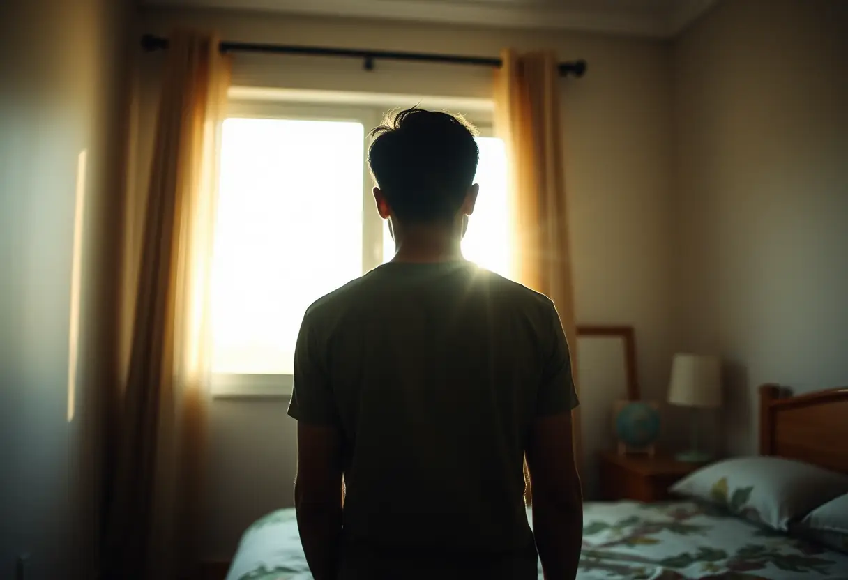 Une silhouette féminine debout près d'une fenêtre dans une chambre, la lumière du soleil inondant la pièce, en lien avec la pré-ménopause.