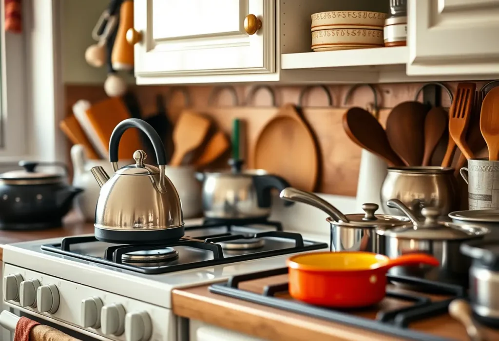 Un bouillonnet siffle doucement sur un poêle dans une cuisine accueillante, la crédence est encombrée d'ustensiles et de casseroles