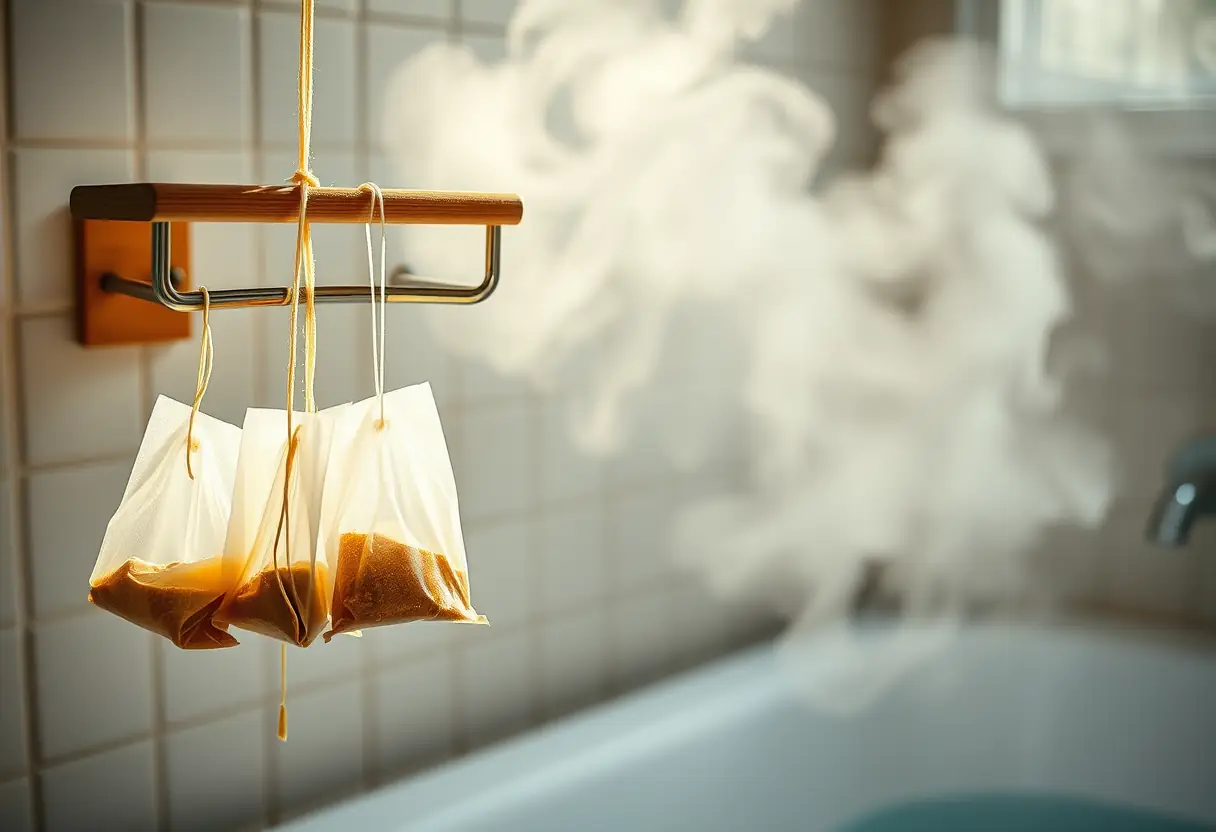 Des sachets de thé pendent d'une barre en bois dans une salle de bains, de la vapeur s'échappe d'une baignoire remplie d'eau