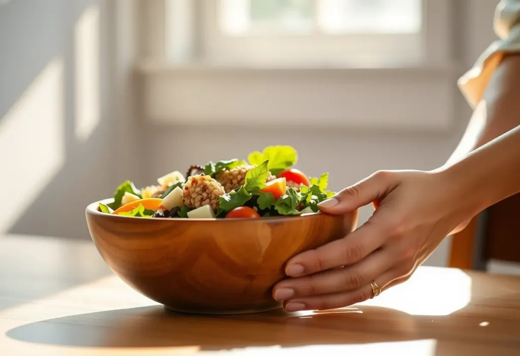 Une main féminine tient un bol en bois rempli de légumes et de grains colorés, symbolisant le bien-être alimentaire.