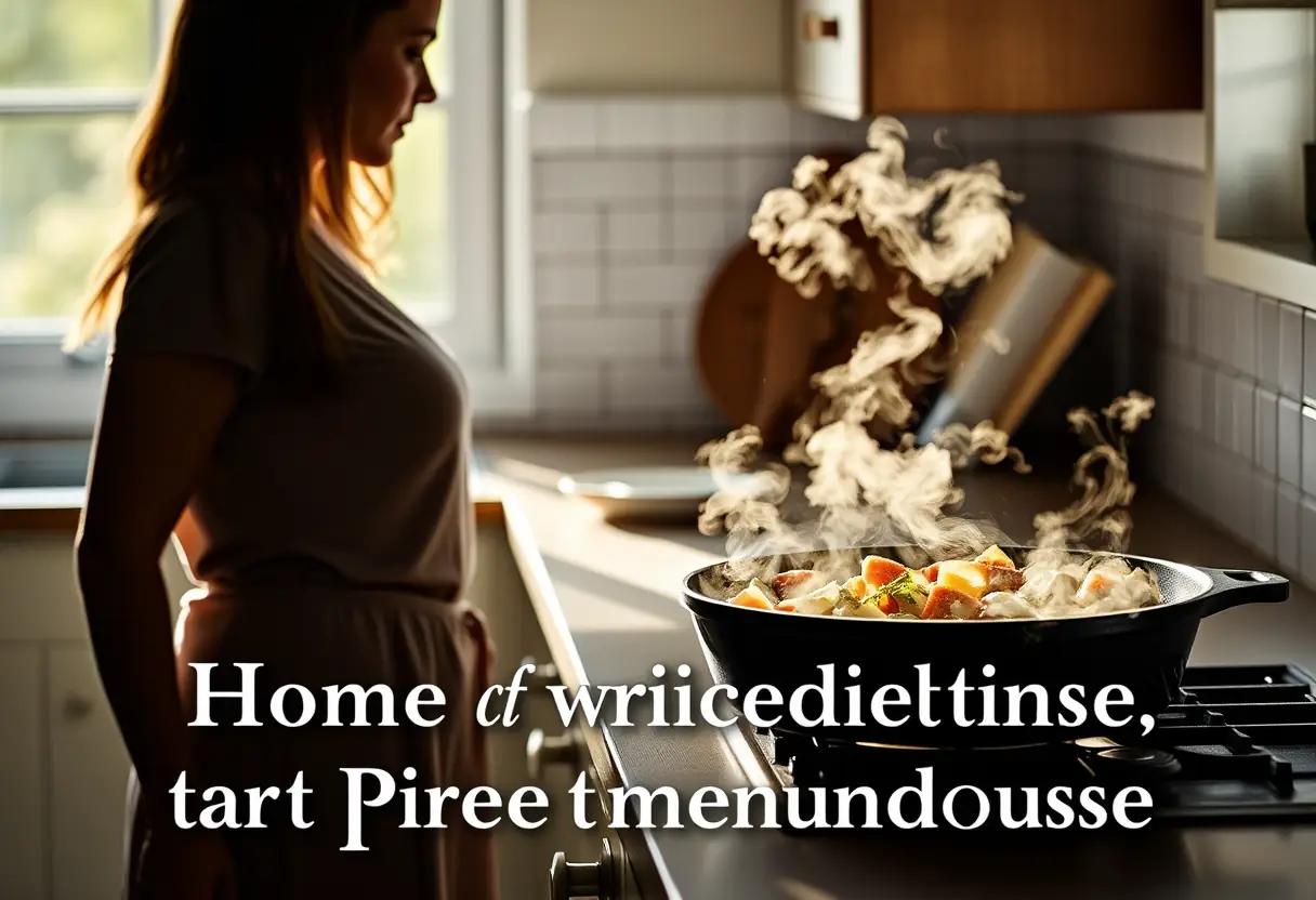 Un profil d'une femme près d'un plan de travail avec une poêle en fonte fumante, illustrant l'importance des repas faits maison.