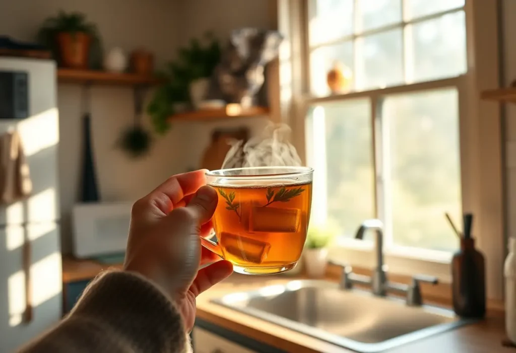 Une main tenant une tasse de thé aromatisé dans une cuisine accueillante, éclairée par la lumière du jour