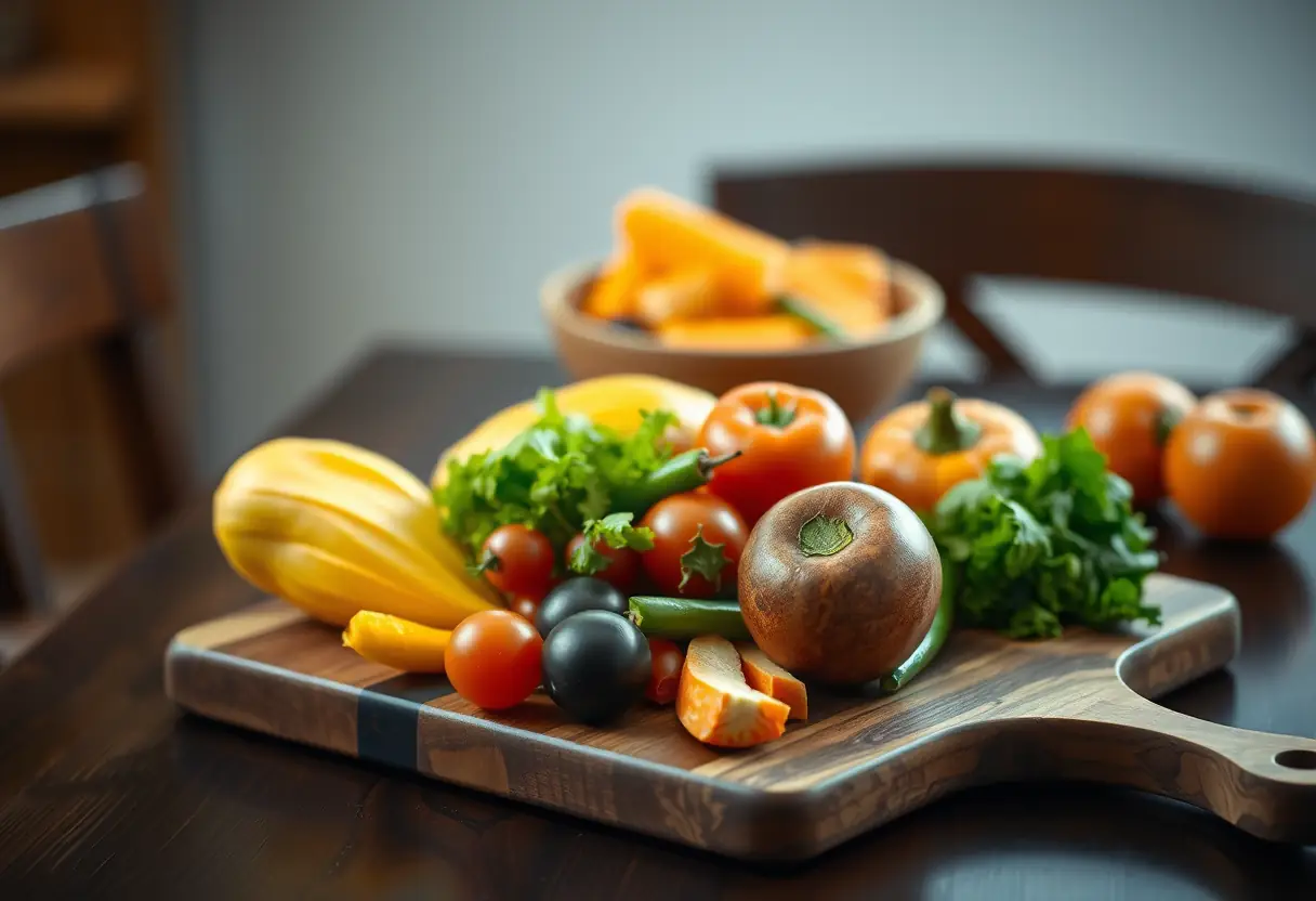 Un plateau de bois garni de fruits et légumes colorés sur une table de cuisine, éclairé par une lumière tamisée