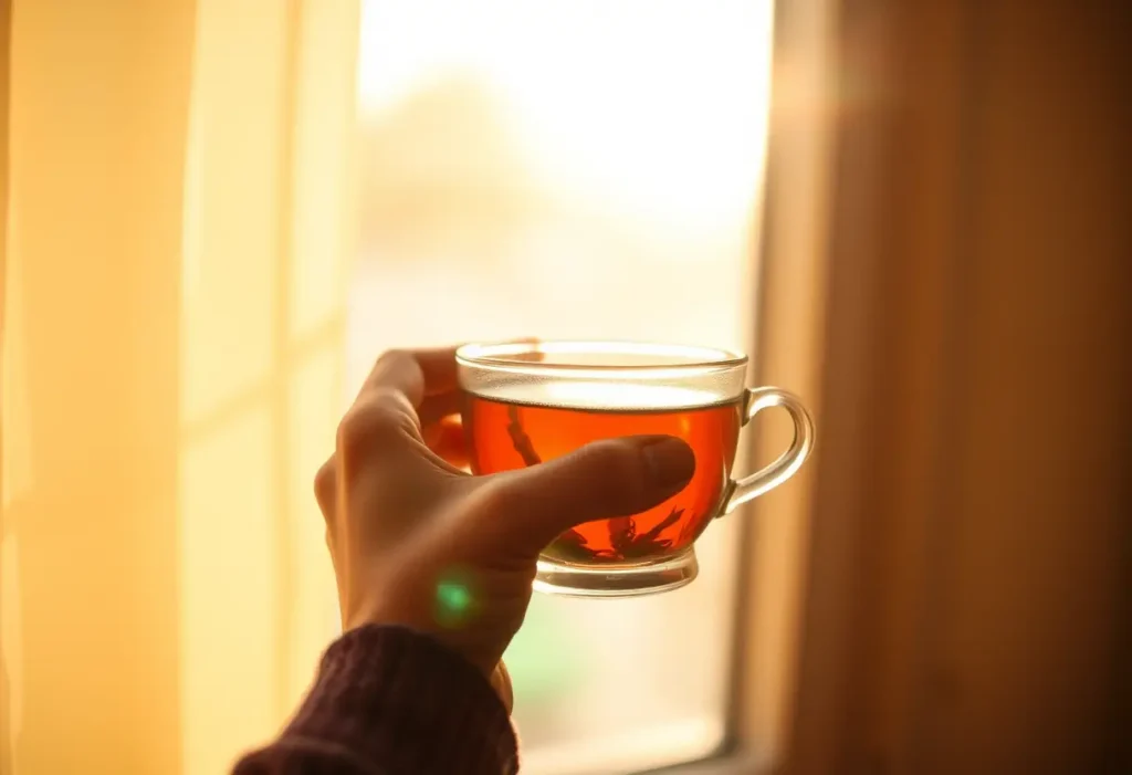 Une main tenant une tasse de thé herboristerie, évoquant bien-être et sérénité