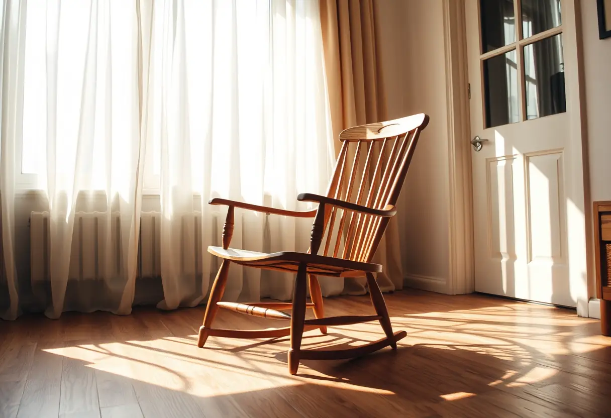 Un fauteuil en bois dans un salon accueillant, éclairé par la lumière douce qui filtre à travers les rideaux