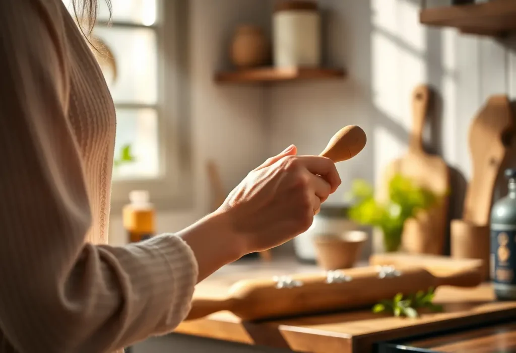Une main tenant un rouleau en bois dans une cuisine, symbolisant le bien-être par l'aromathérapie.