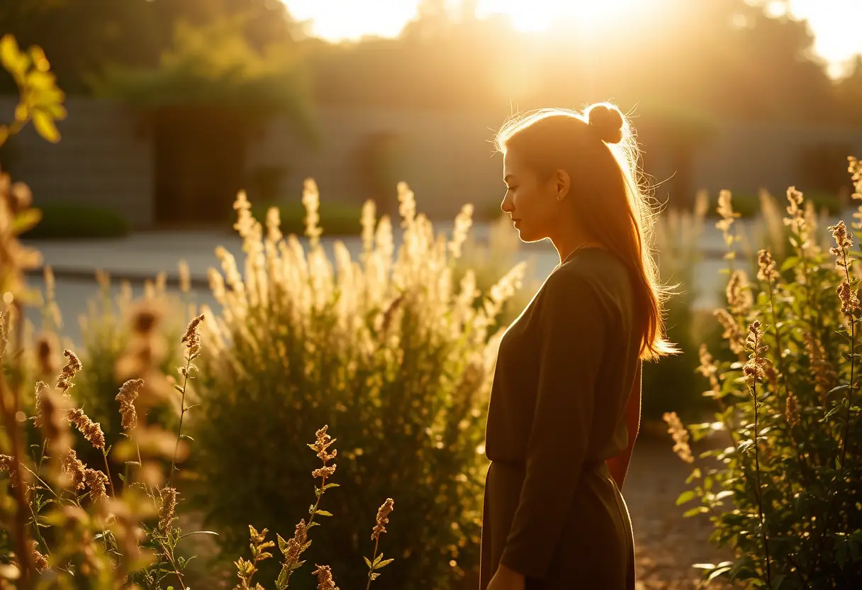 Une silhouette de femme dans un jardin aux herbes aromatiques, illustrant le lien entre la nature et la santé.