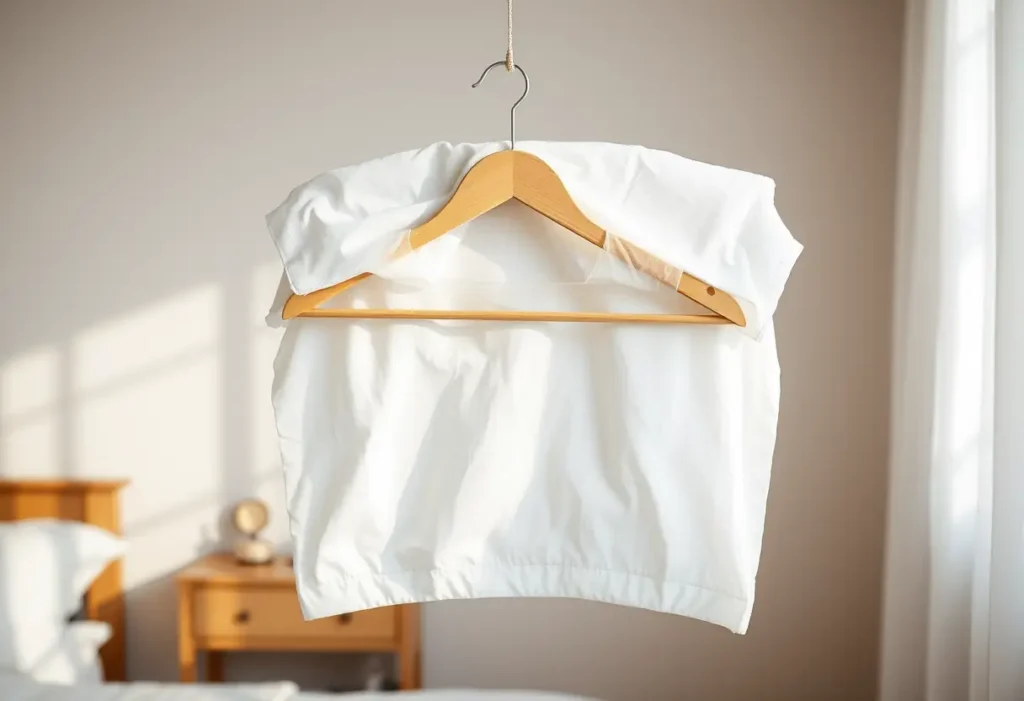 Un drap plié soigneusement au porte-vêtements dans la chambre, rappelant l'importance de l'organisation pour le bien-être.