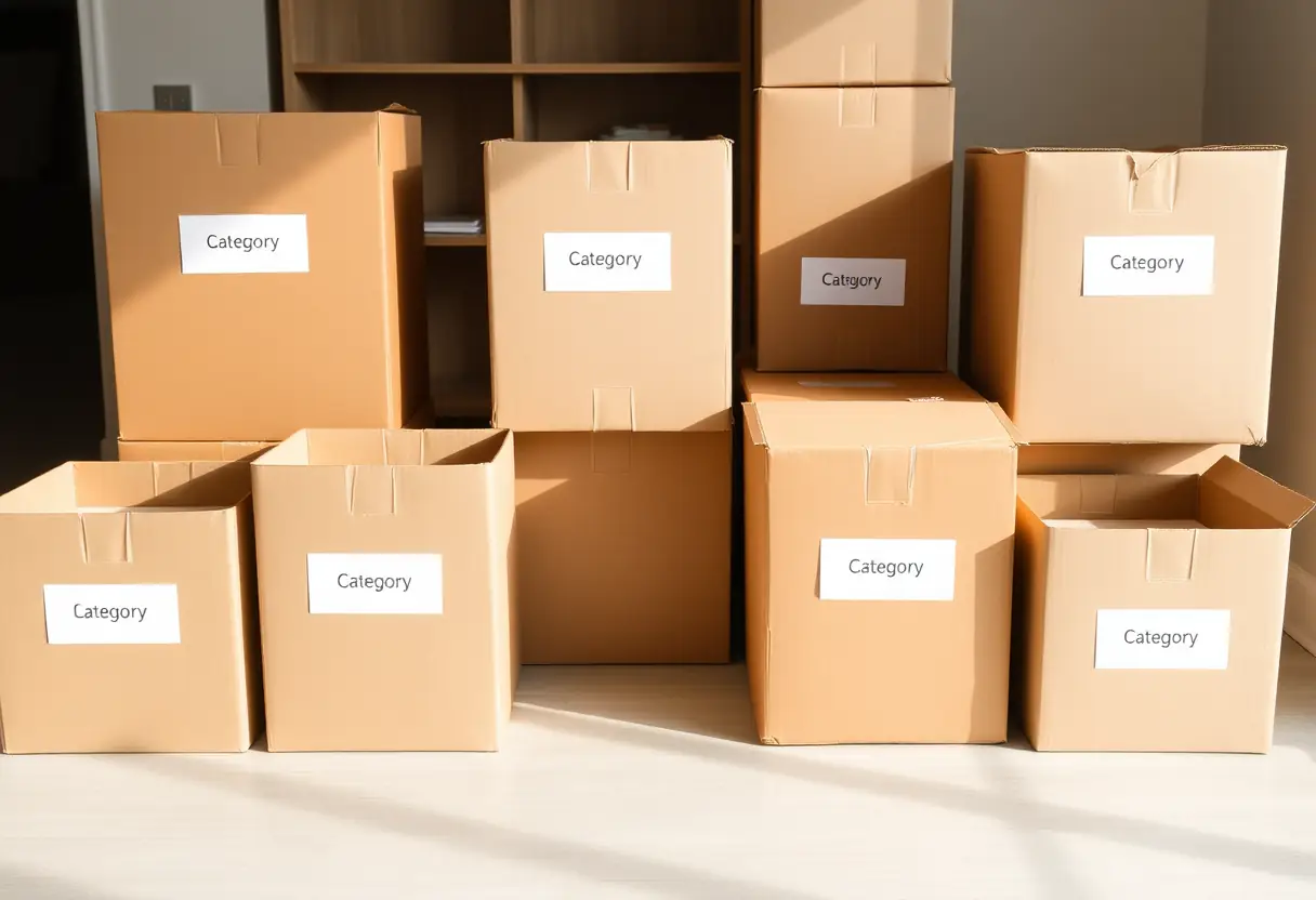 Des boîtes cartonnaires alignées prêtes à être utilisées lors d'un grand ménage, facilitant la triade et le rangement.