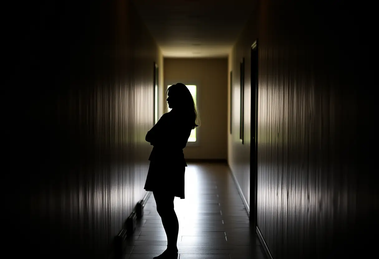 Femme en réflexion : silhouette se tenant dans un couloir sombre