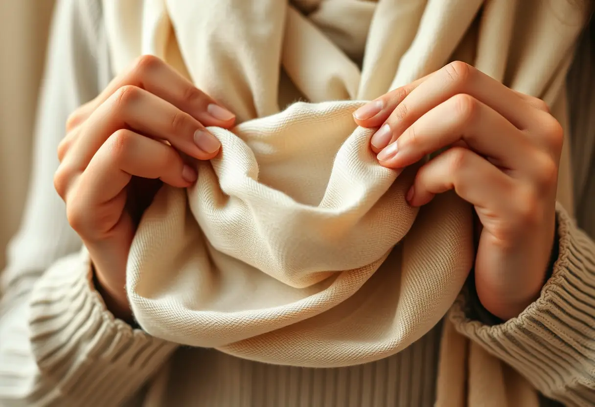 Mains repliant un foulard en coton, symbole d'acceptation et d'amour de soi.