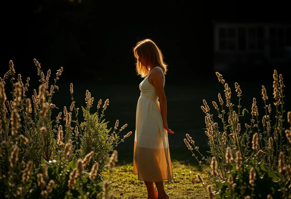 Silhouette de femme dans son jardin aromatique, lumière du soir