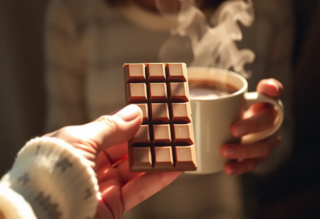 Une main tenant une tablette rectangulaire de chocolat au lait, tandis qu'une silhouette féminine tient une tasse fumante de chocolat chaud