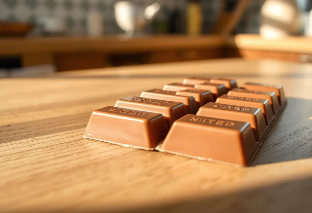 Un plan rapproché d'une tablette de chocolat au lait avec une finition lisse et brillante, posée sur un plan de travail en bois sous une lumière matinale douce